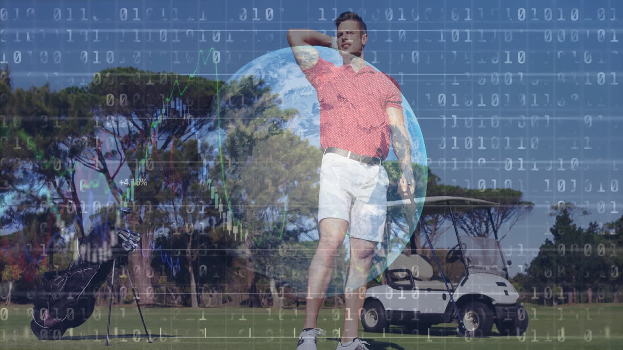 male golfer standing on golf course fairway, displaying floating financial charts binary code globe