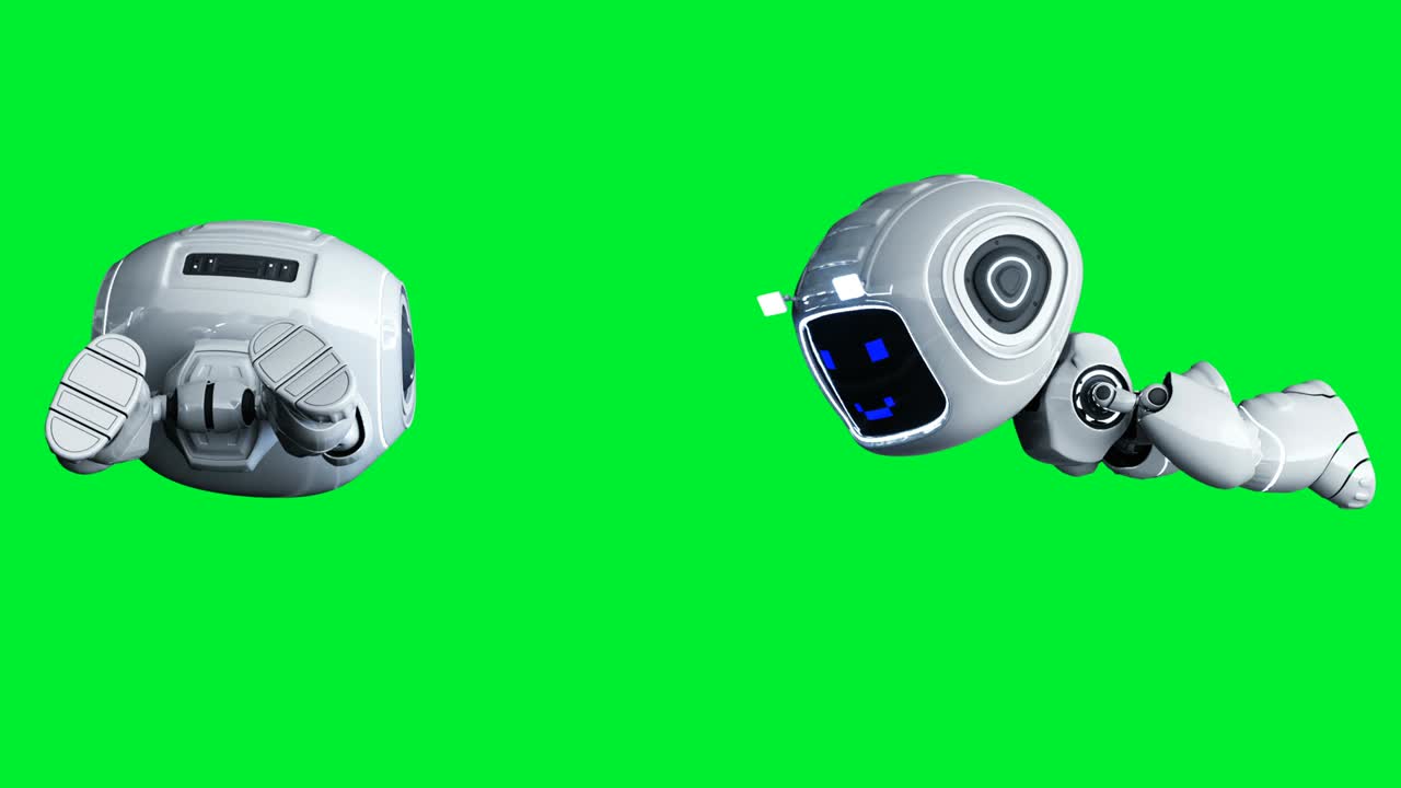 animación de robot de juguete blanco sonriente. desenfoque de movimiento físico. animación realista en pantalla verde 4k. pantalla verde