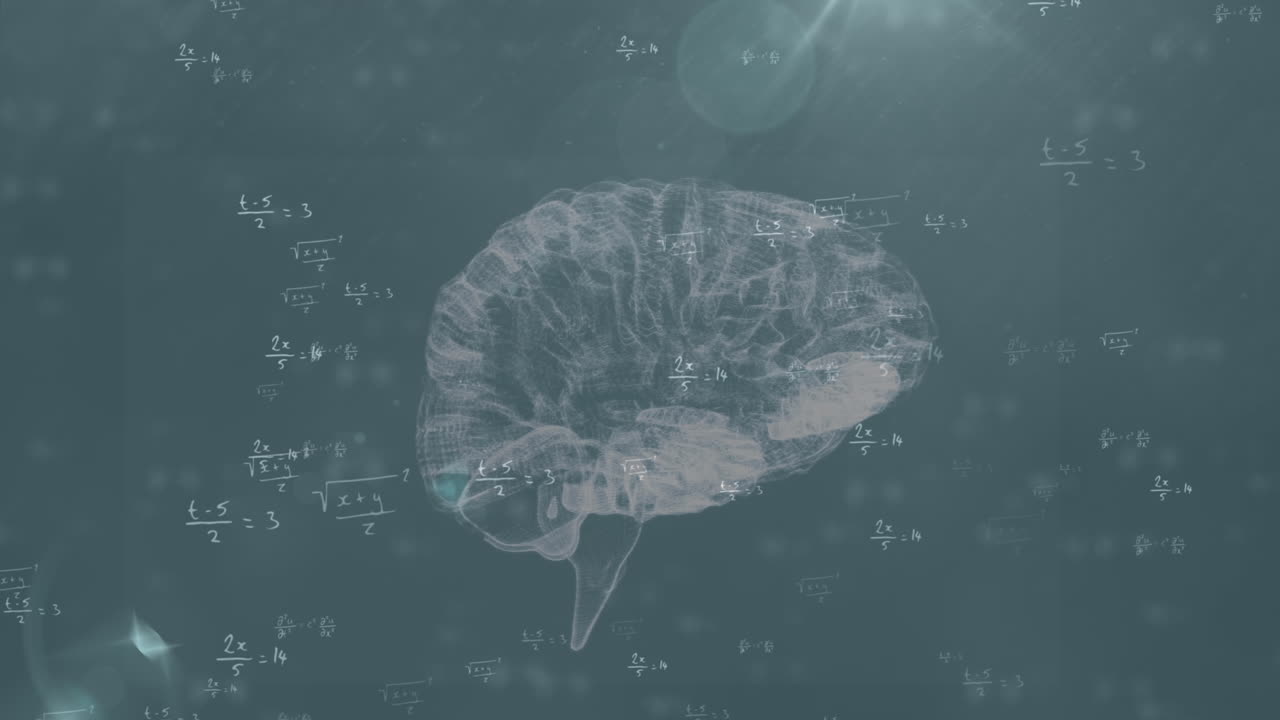 Animation of rotating brain and math formulas on grey background