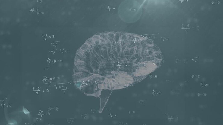 Animation of rotating brain and math formulas on grey background