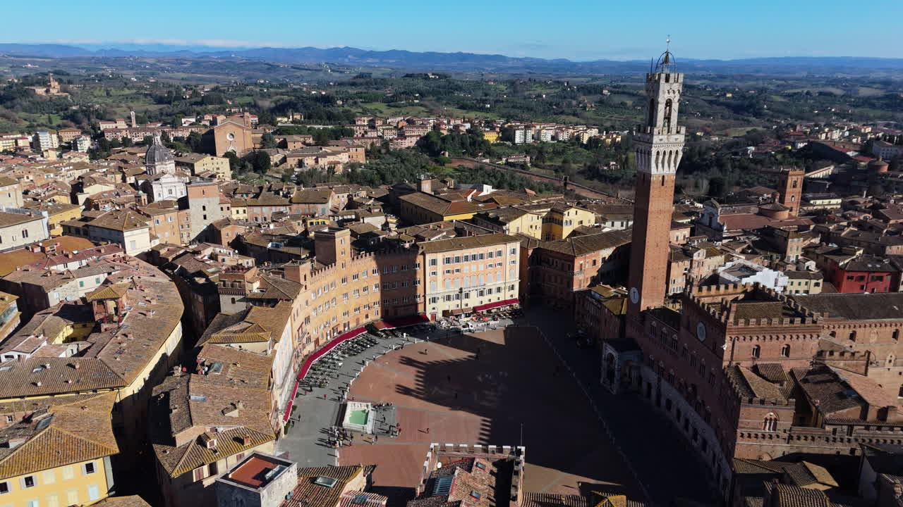 Historic Piazza del Campo in Siena, Italy, aerial view of medieval architecture and square