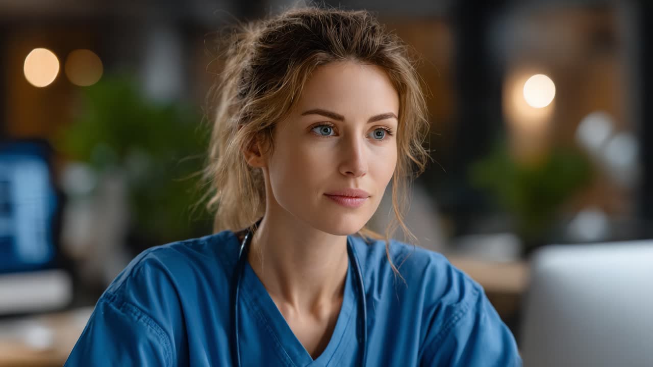 A focused woman in a blue medical uniform gazes contemplatively, embodying determination and professionalism in a modern workspace, perfect for health-related discussions