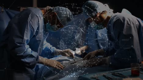 Animation-of-globe-with-network-of-connections-over-surgeons-in-operating-theatre