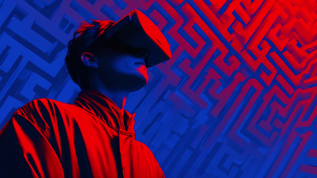 A Futuristic Immersive Experience: A User Engaged in Virtual Reality with a Headset Amidst a Stunning Geometric Background, Illustrating the Depths of Technology and Imagination