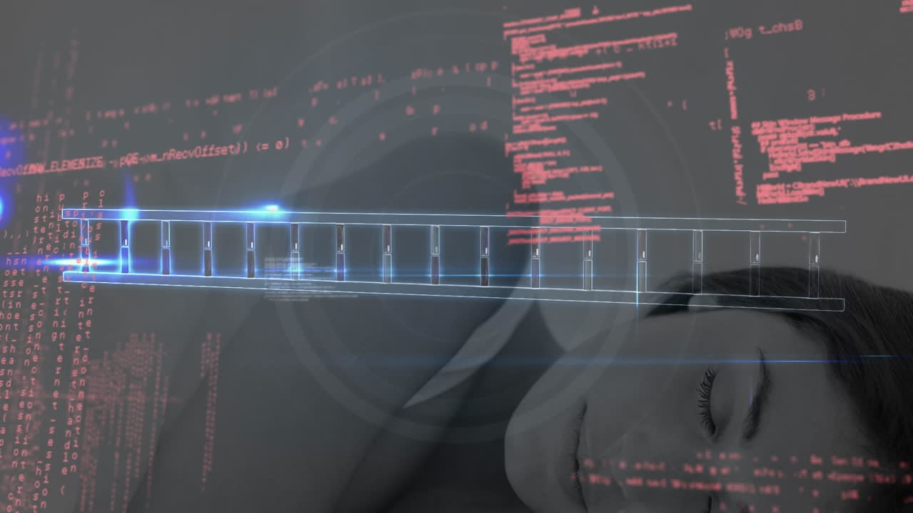 잠자는 백인 여성 위에서 프로그래밍 언어로 dna 나선의 조립 애니메이션