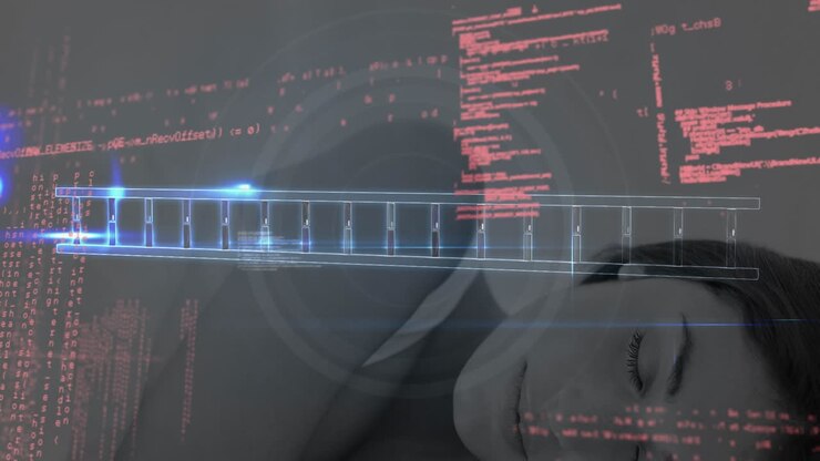Animation of assembling of dna helix with programming language over sleeping caucasian woman