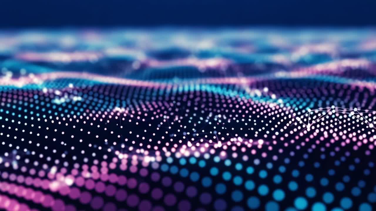 Abstract Visualization of Digital Waves with Interconnected Points and Lines in Vibrant Colors, Representing Data Flow and Technology Concepts