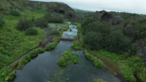 tiro fpv sobre cascadas de gjain que fluyen suavemente en islandia, valle escénico