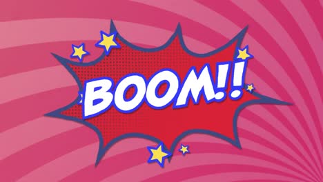 Animation-of-boom-text-on-retro-speech-bubble-and-pink-stripes-pattern