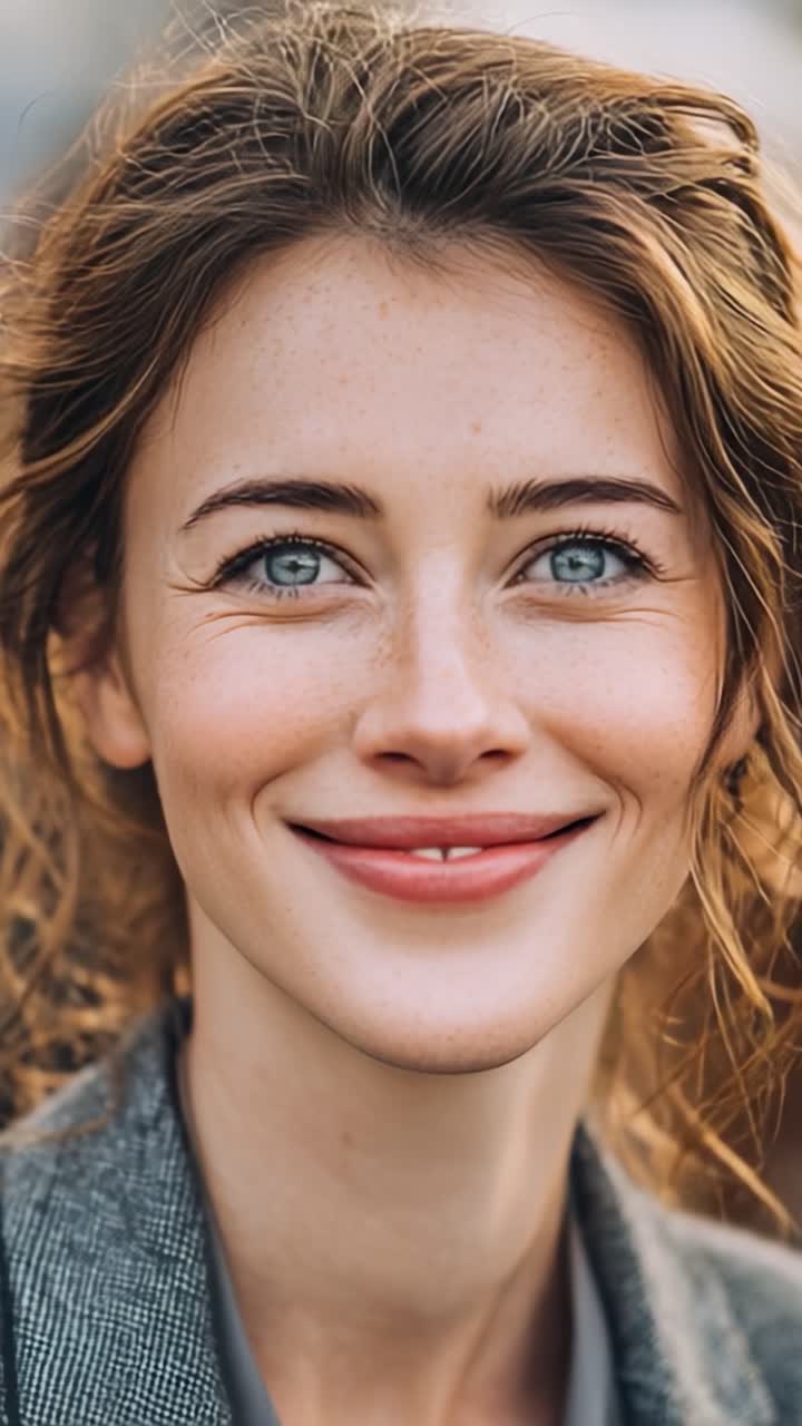 Una bella giovane donna con pelle radiosa e occhi azzurri espressivi sorride calorosamente, mostrando la sua bellezza naturale e il suo atteggiamento gioioso in un ritratto accattivante.