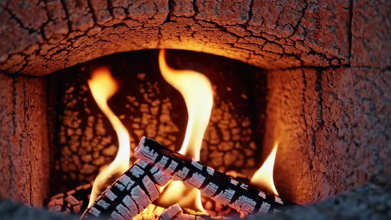 Burning Fire in a Stone Fireplace
