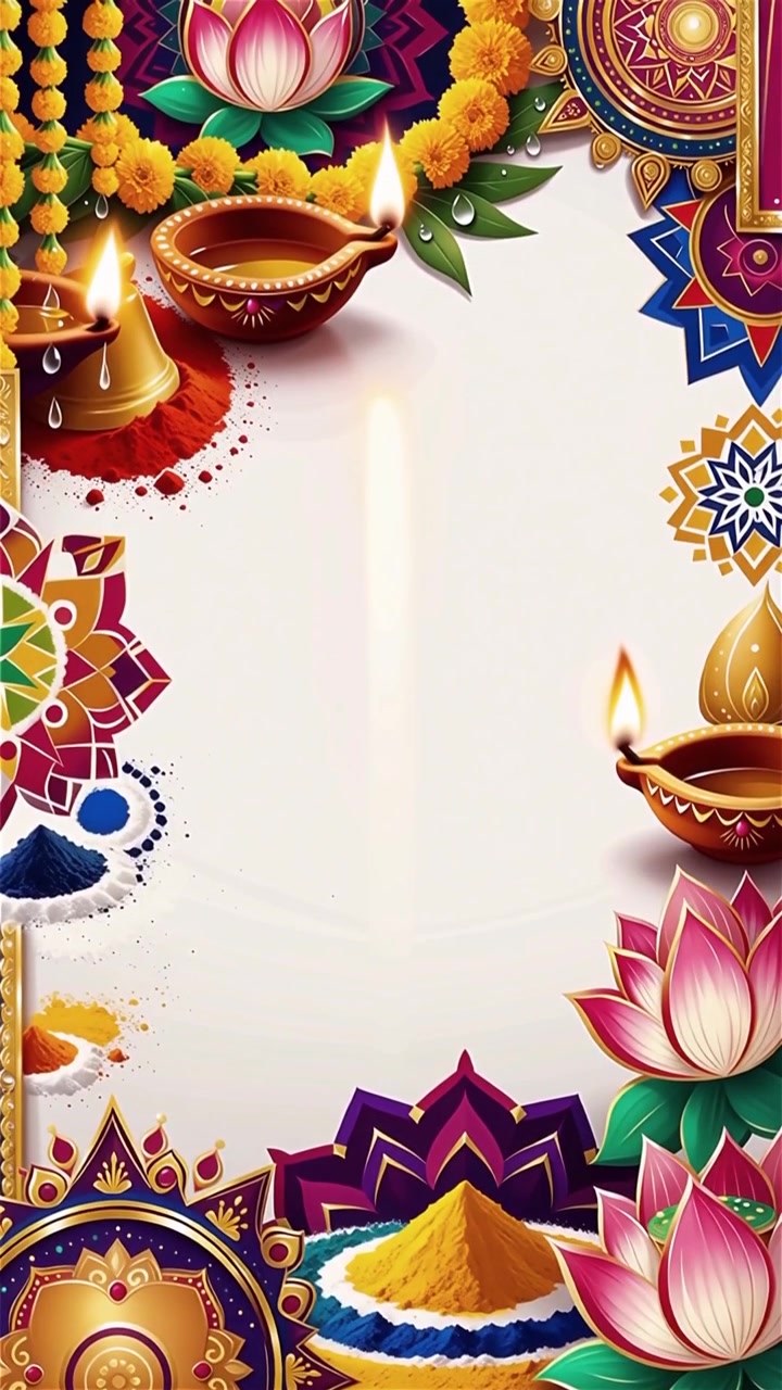 Sfondo Diwali con Diyas luminosi, Rangoli e fiori di loto