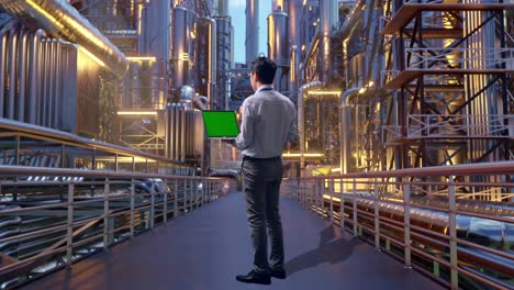 full body back view of an asian male professional worker standing at a vast oil refinery, typing on laptop's keyboard with green screen and look at the factory once