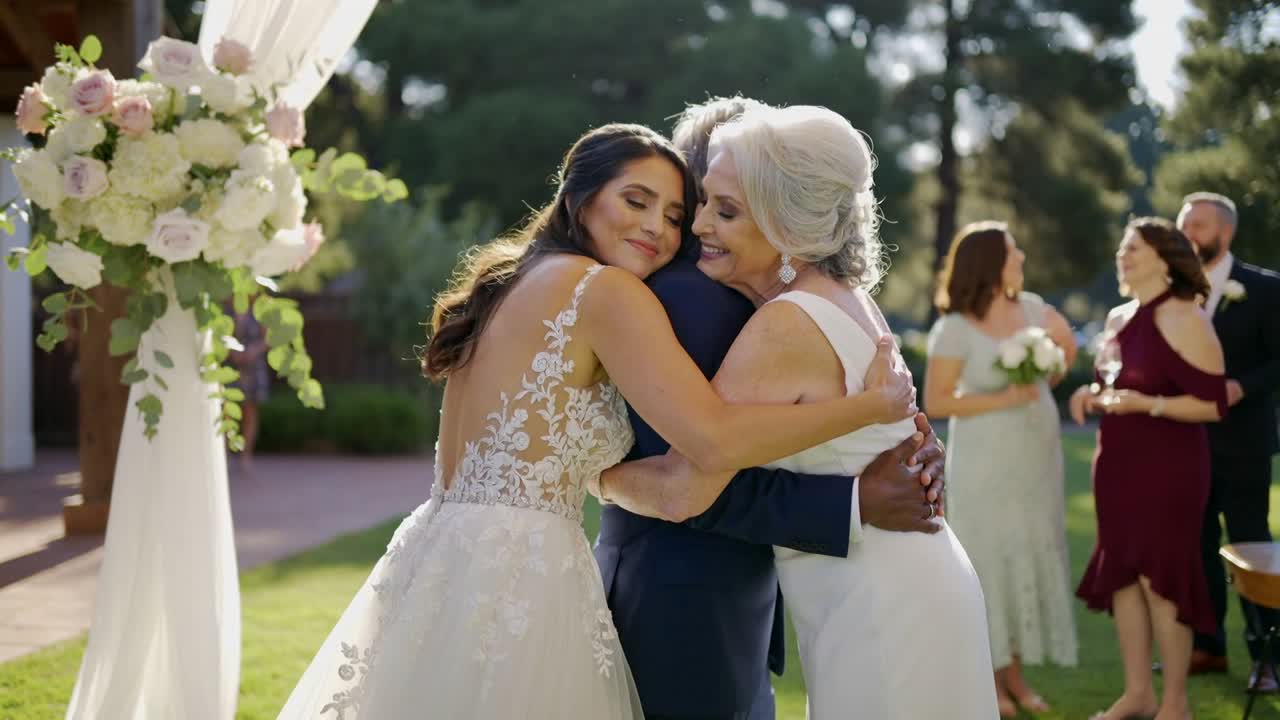 La sposa che si avvicina in abito con schiena in pizzo abbraccia i genitori sotto un arco floreale sul prato, celebrando il matrimonio.