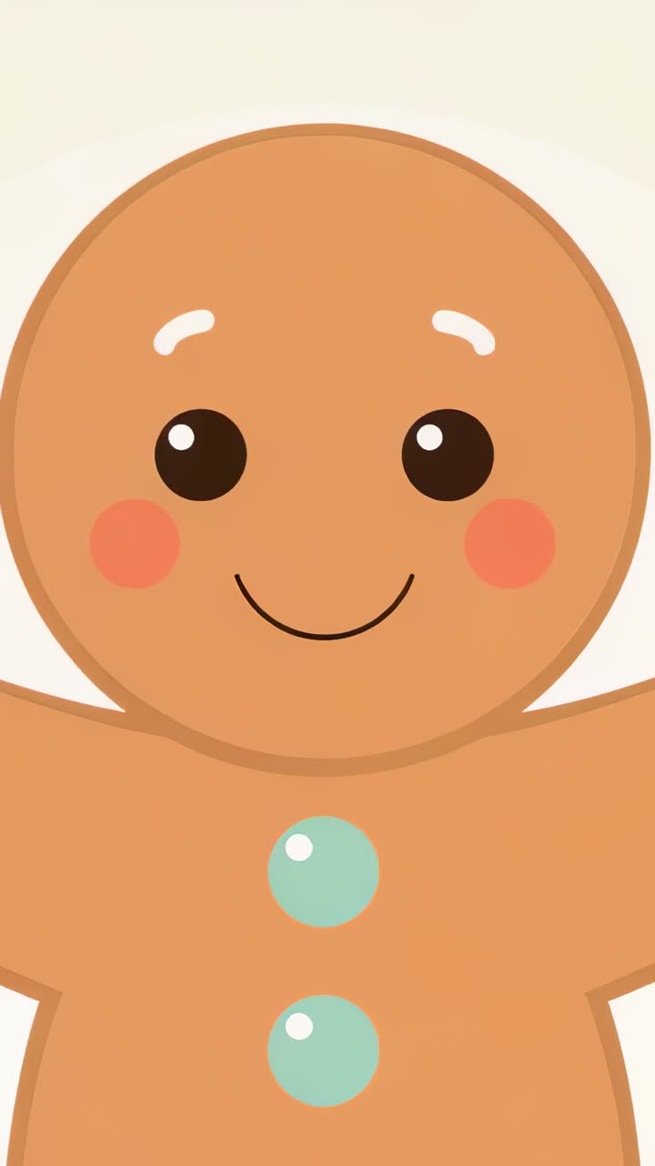 Vertical video: Loop starting, gingerbread figure bobbing on cream backdrop with teal buttons