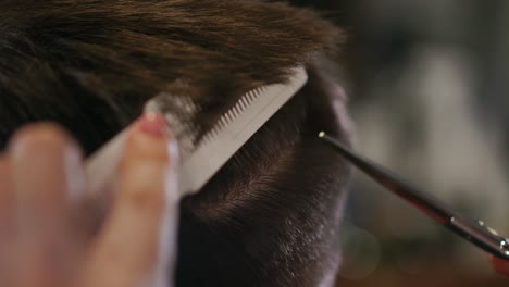 primer plano, el maestro peluquero hace el peinado y el estilo con tijeras y peine. barbería concepto.