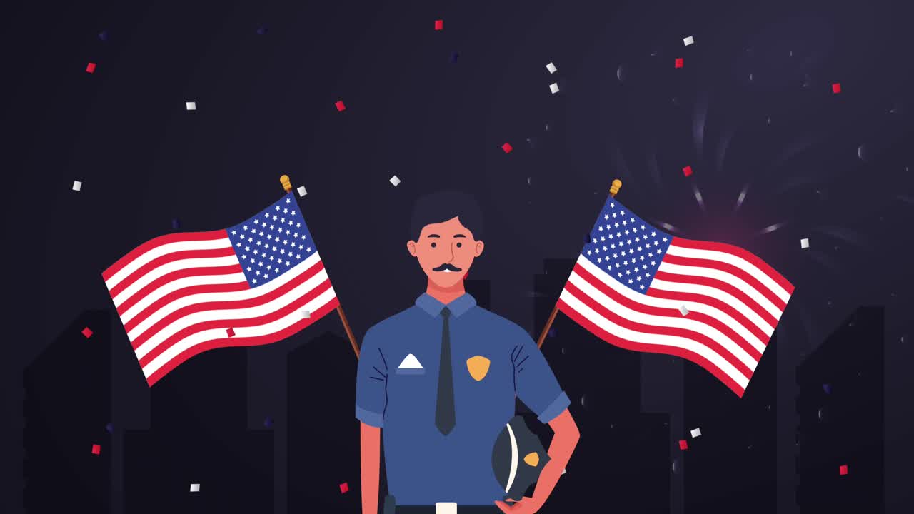 경찰관과 미국 발과 함께 행복한 노동의 날 축하