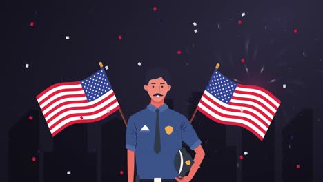 feliz celebración del día del trabajo con un oficial de policía y la bandera de los estados unidos