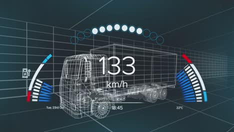 Animation-of-speedometer,-gps-and-charge-status-data-on-vehicle-interface,-over-3d-truck-model