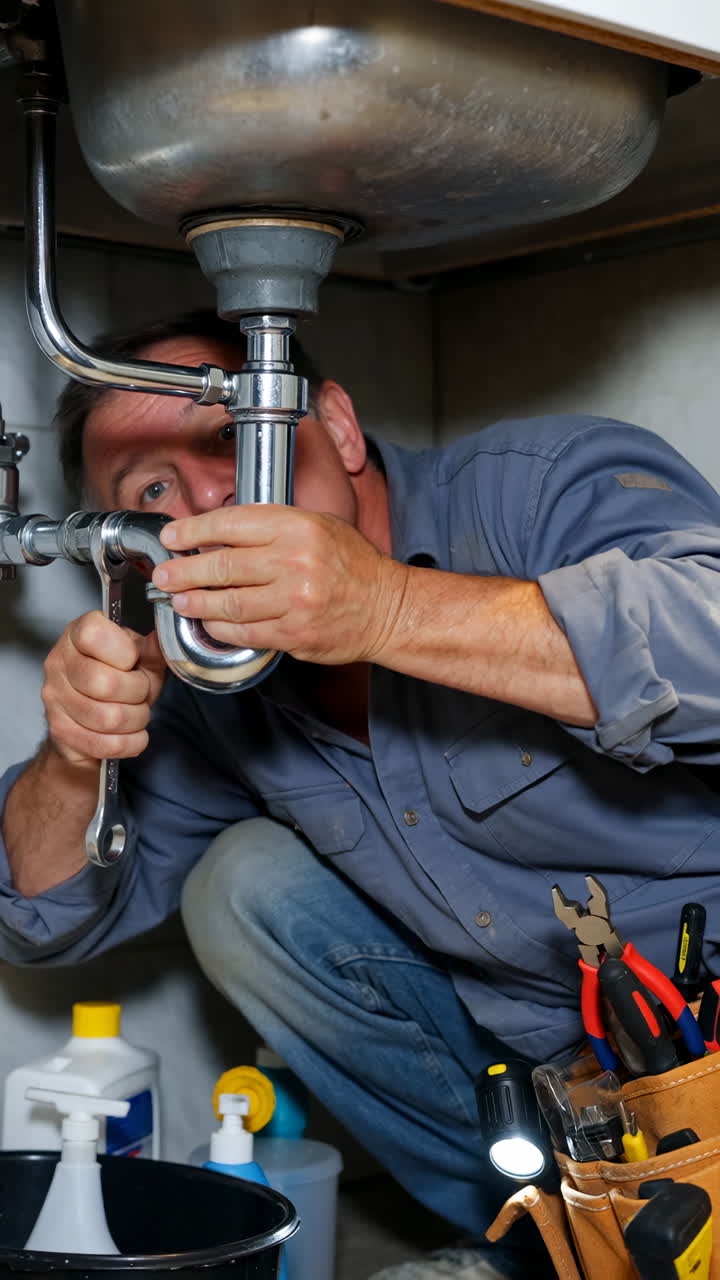 Plumber working under a kitchen sink, tightening pipes with a wrench