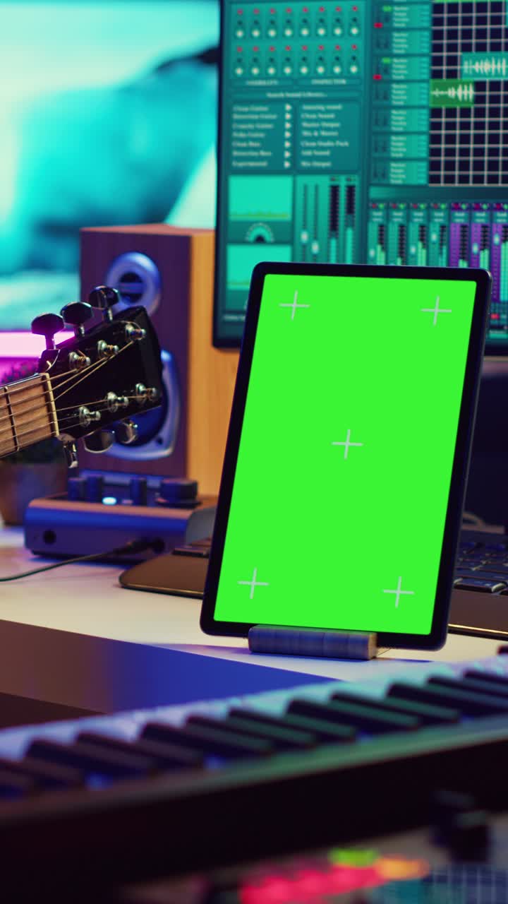 Tablet con green screen in uno studio musicale con chitarra e tastiera