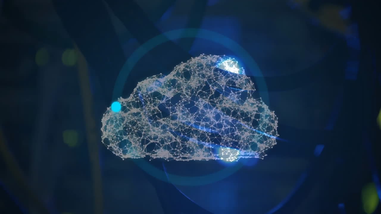 animación de círculos de carga y puntos conectados que forman nubes sobre un fondo abstracto