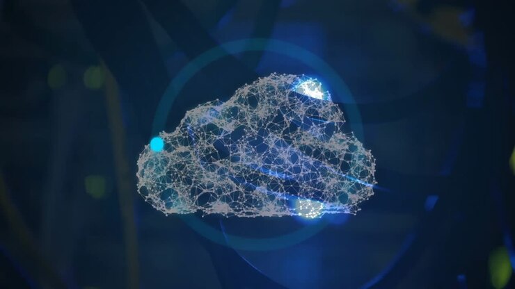 Animation of loading circles and connected dots forming clouds over abstract background