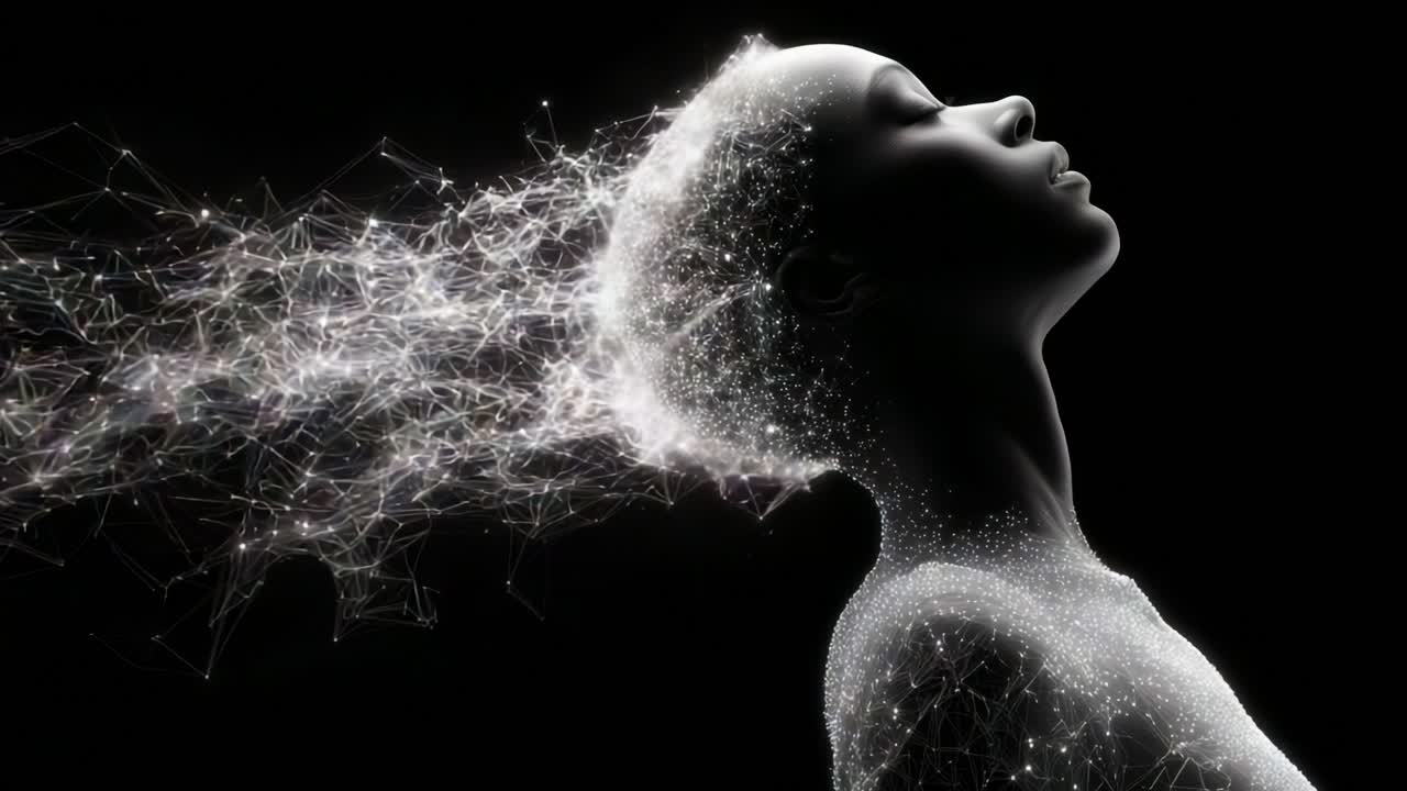 A mesmerizing fusion of art and technology showcased through a silhouette of a person whose hair transforms into a cloud of sparkling particles against a dark backdrop