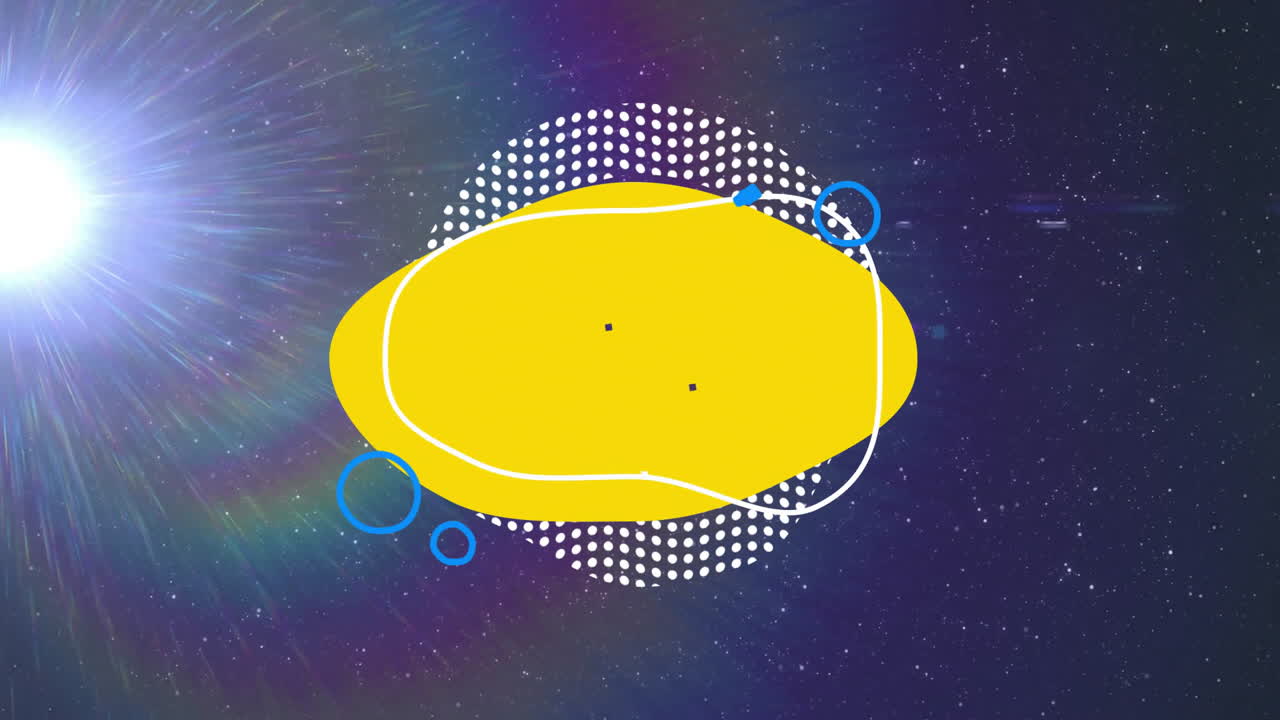 Animation of yellow abstract shape with blue circles over starry space background