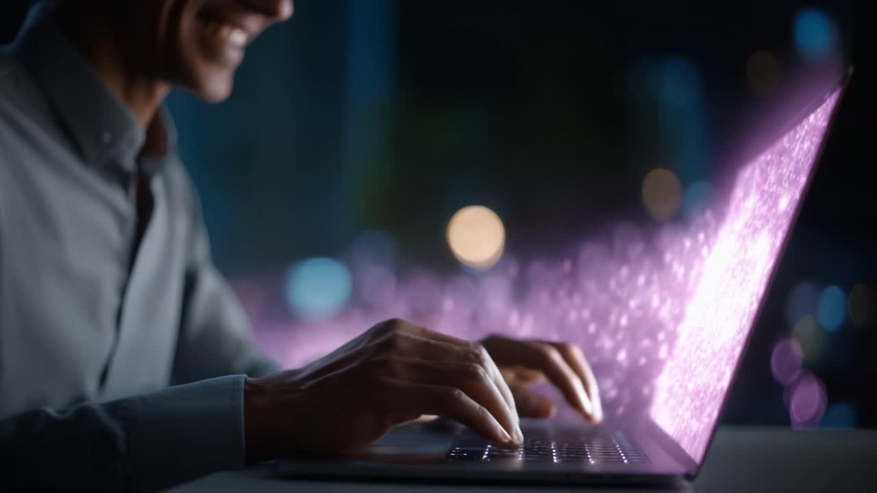 A Person Engaged with a Laptop, Creating Digital Effects in a Mysterious Night Setting, Illuminating the Dark Ambience with Sparkling Colors and Light