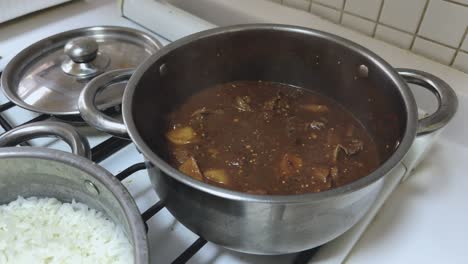 mexican beef stew simmered in a rich morita chili sauce and tender potatoes. boiling on the stove