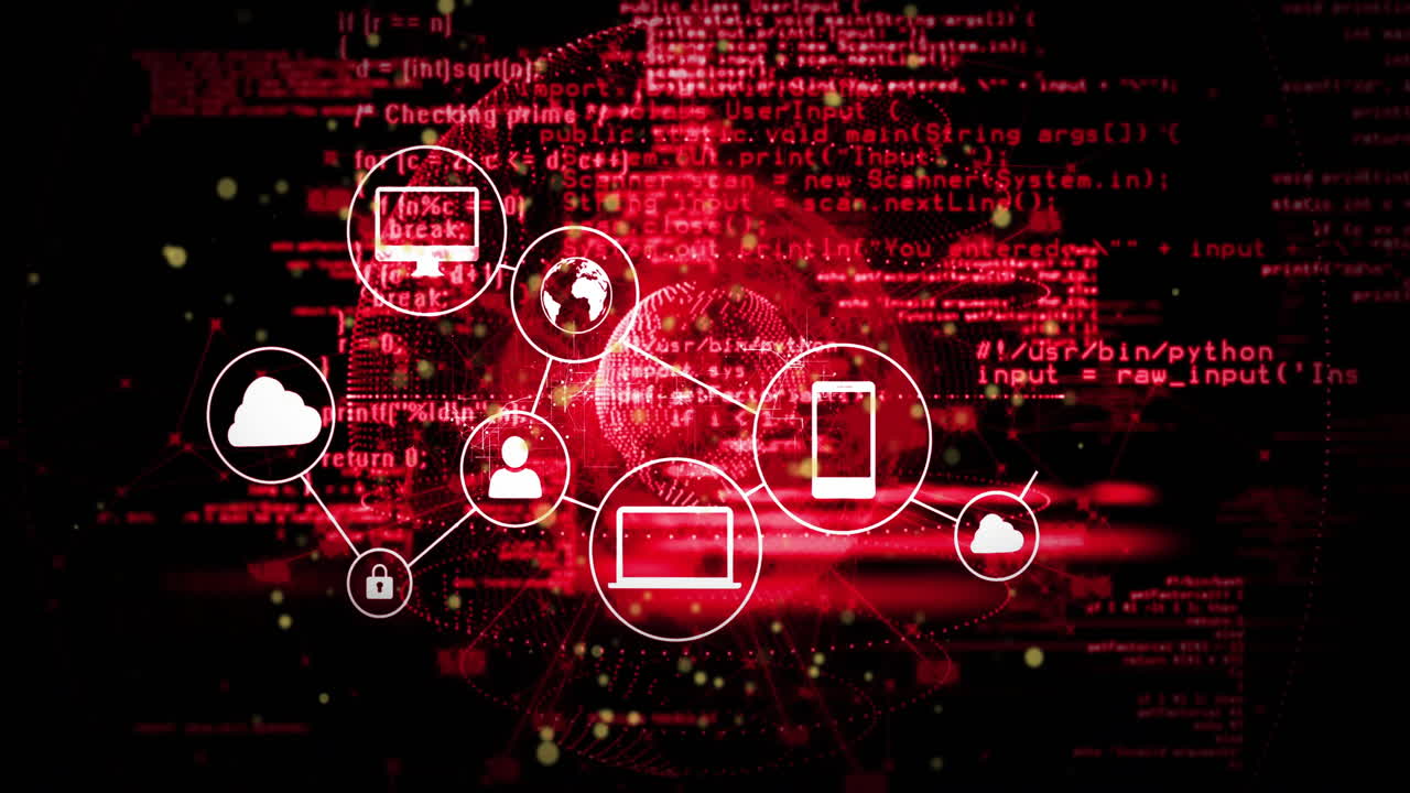 iconos de conectividad de red y animación de procesamiento de datos sobre fondo digital rojo