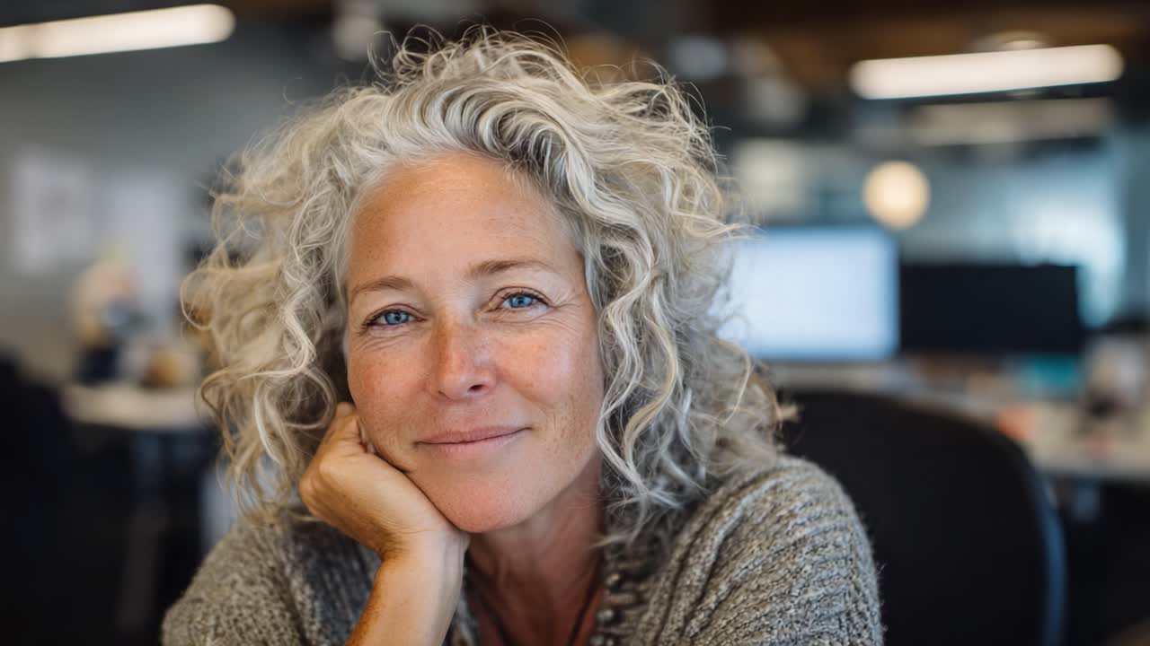 A Contented Woman with Gray, Curly Hair Poses Thoughtfully for the Camera in a Modern Office Environment, Exuding Warmth and Approachability
