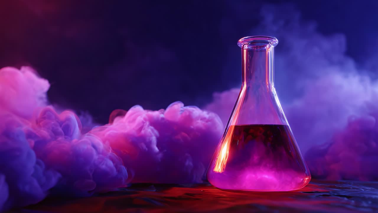 A stunning visual representation of a chemical experiment in a laboratory, showcasing a glass flask filled with vibrant purple liquid surrounded by clouds of mystic smoke, adding an aura of intrigue and science
