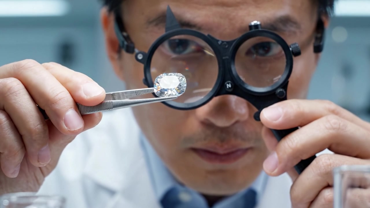 A Gemologist Examining a Flawless Diamond Through a Loupe with Precision and Care in a Well-Equipped Laboratory Setting, Highlighting Expertise in Gemstone Evaluation
