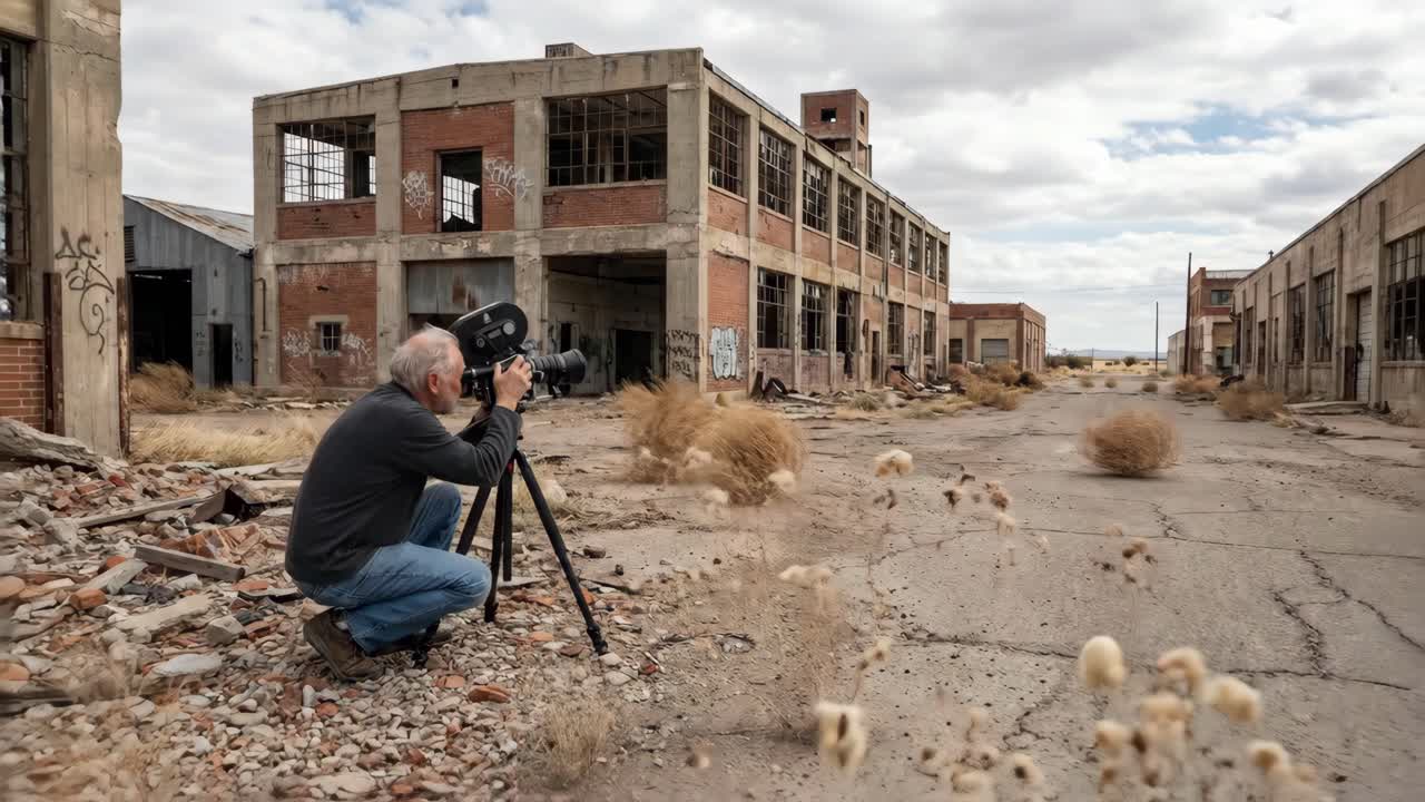 Un regista gira con una fotocamera vintage in una zona industriale abbandonata