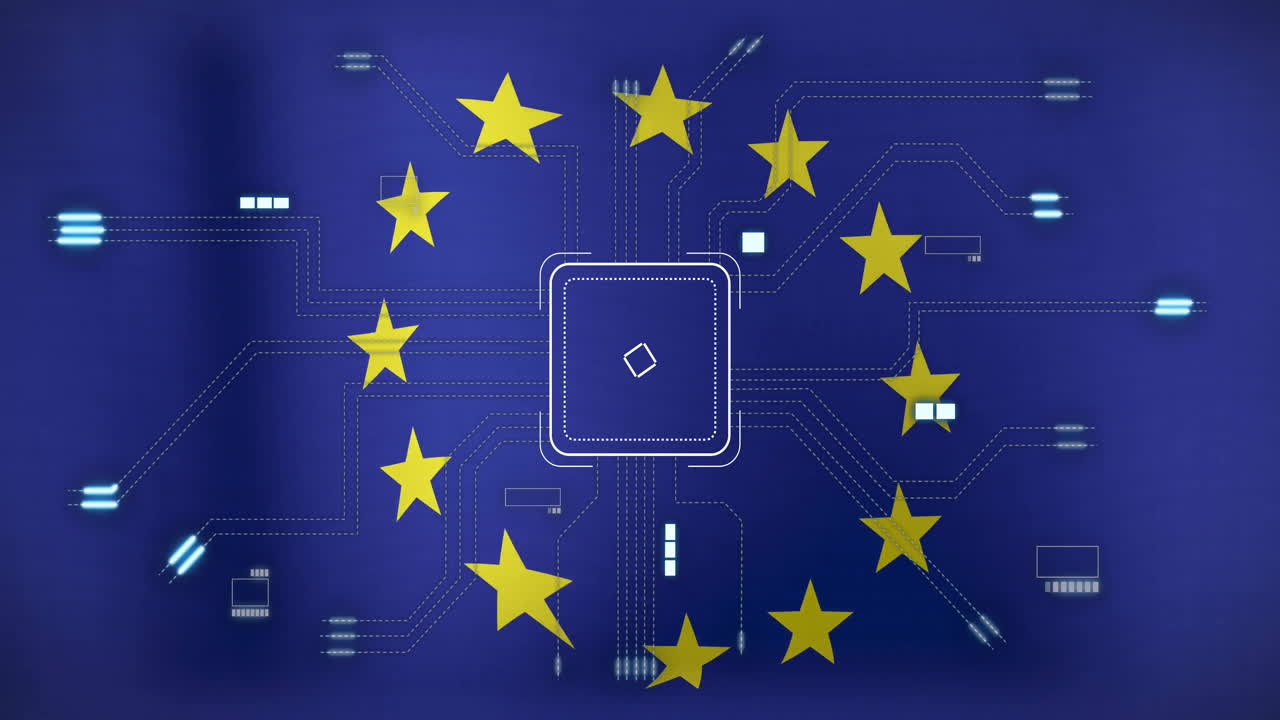 유럽연합의 별은 디지털 회로판 위에 기술과 연결성을 나타니다.