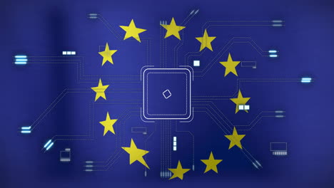 european union stars over digital circuit board, representing technology and connectivity