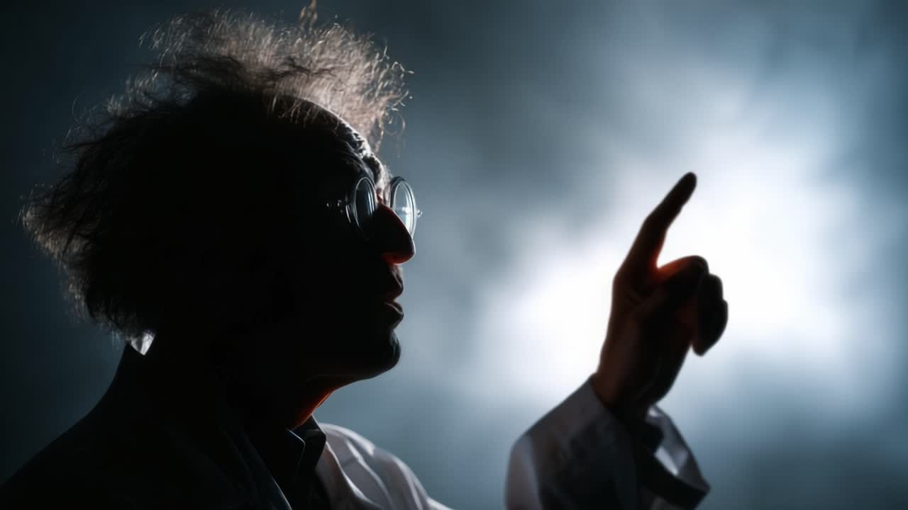 Uno scienziato appassionato che spiega con passione un'idea, in silhouette su uno sfondo suggestivo di nebbia e luce illuminata, che enfatizza il pensiero creativo e la scoperta
