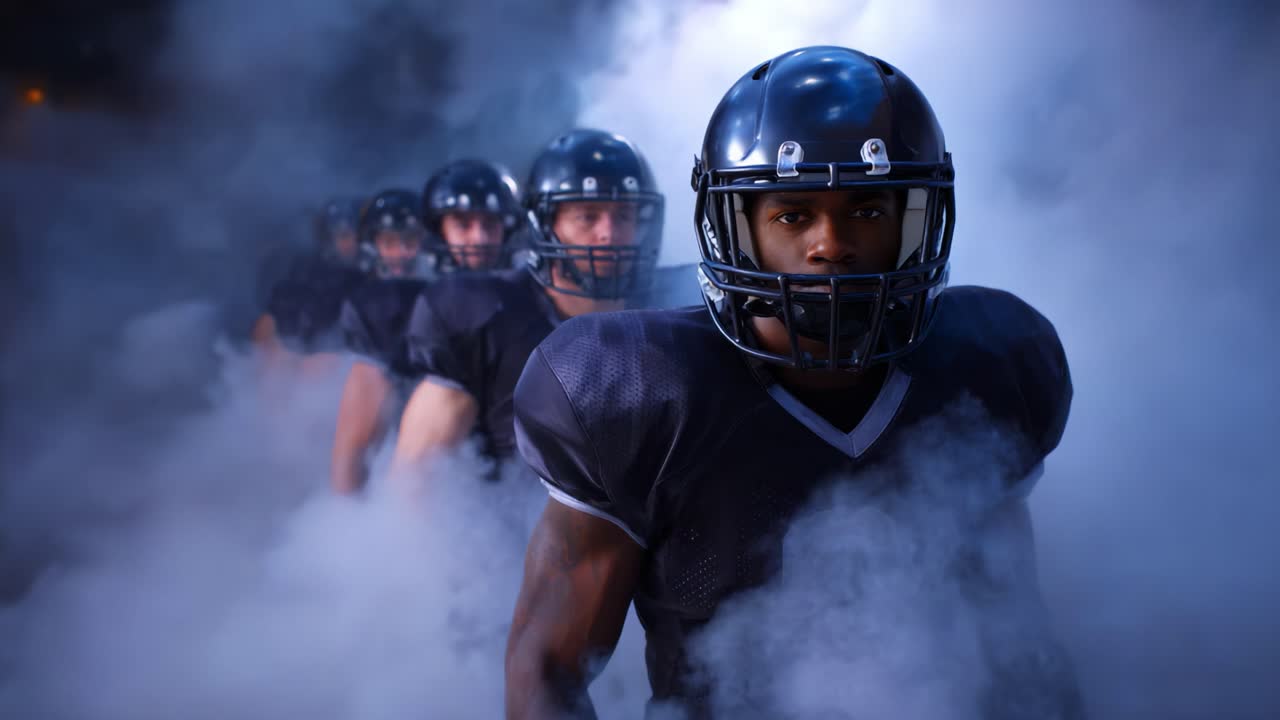 A Team of Determined Football Players Emerging Through a Mysterious Fog, Ready to Conquer the Challenge Ahead in Their Intense Game Pre-Game Ritual