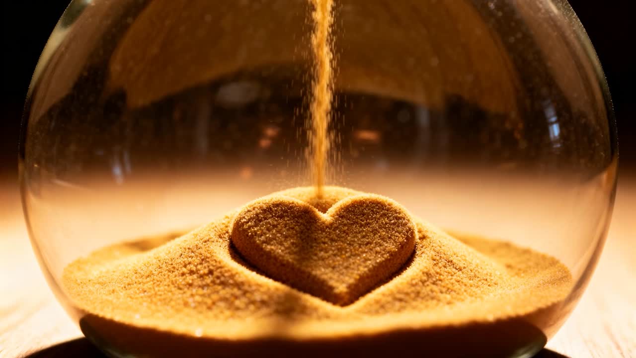 Pouring sand falling from above, forming heart on table, filling cavity in glass globe, rim glowing