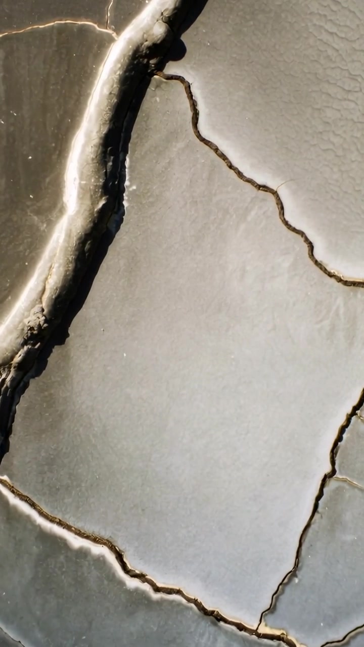 Vertical video: Panning camera revealing cracked clay slab at dry mudflat showing left ridge