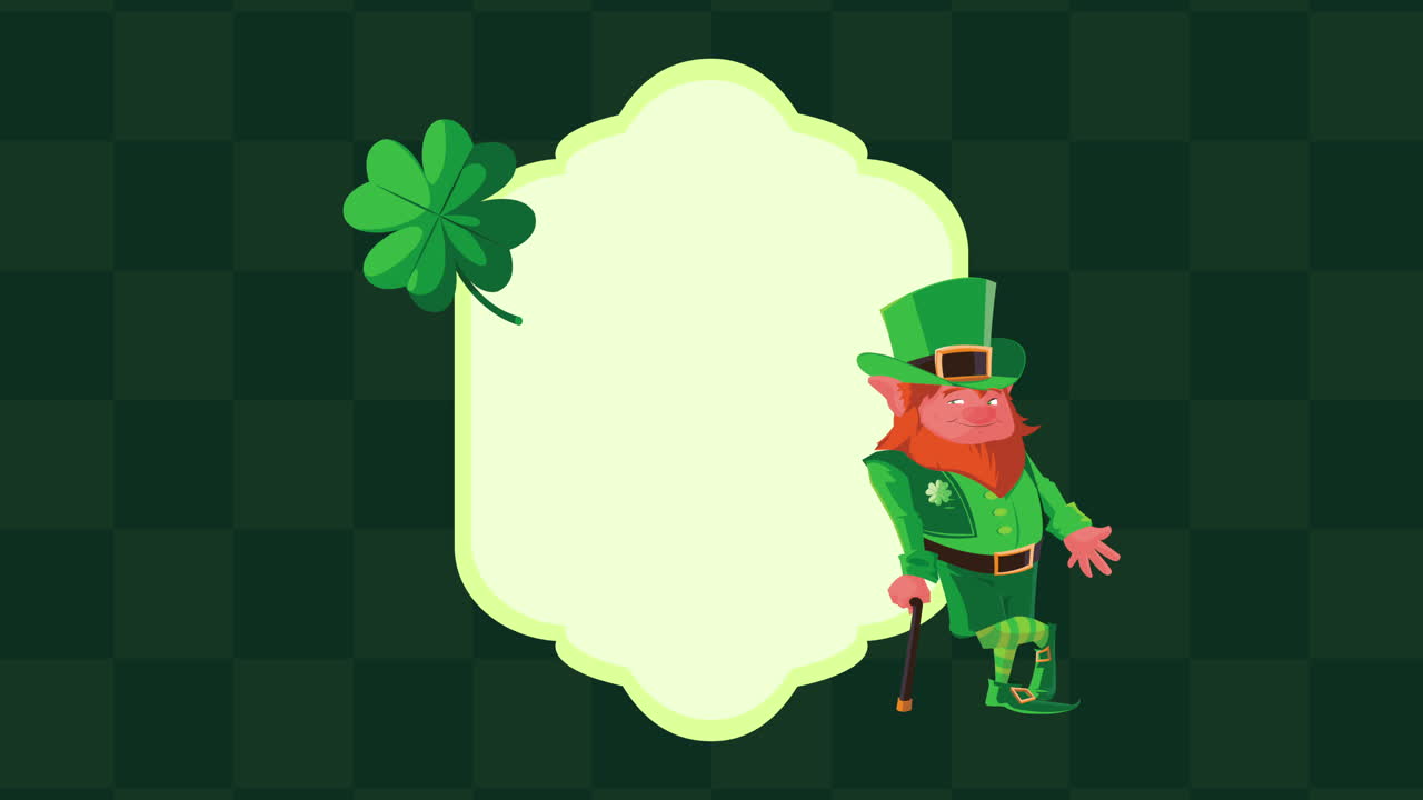 happy saint patricks day animation with leprechaun and clover leaf in frame