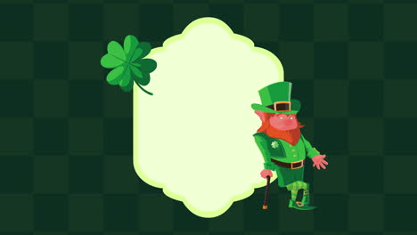 happy saint patricks day animation with leprechaun and clover leaf in frame