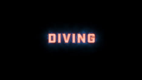 Eine-Kurze,-Hochwertige,-Typografische-Animation-Des-Wortes-„Diving“-Mit-Verschiedenen-Farboptionen-Auf-Schwarzem-Hintergrund,-Ein--Und-Ausgeblendet-Mit-Elektrischen,-Nebligen-Elementen