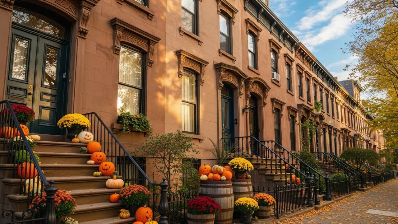 A Charming Autumn Scene: Quaint Brownstone Steps Adorned with Vibrant Pumpkins and Colorful Mums, Capturing the Essence of Fall in a Picturesque Neighborhood