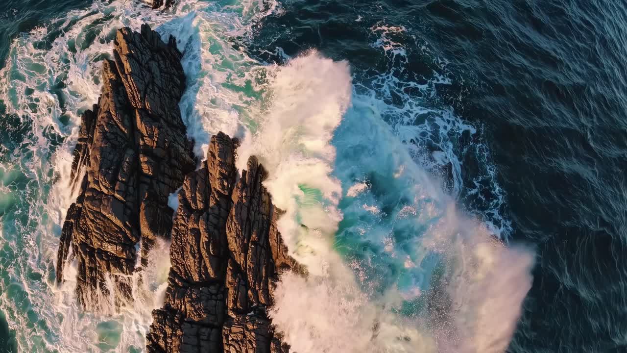 Aerial video captures dramatic ocean waves crashing against jagged rocks, showcasing nature's power