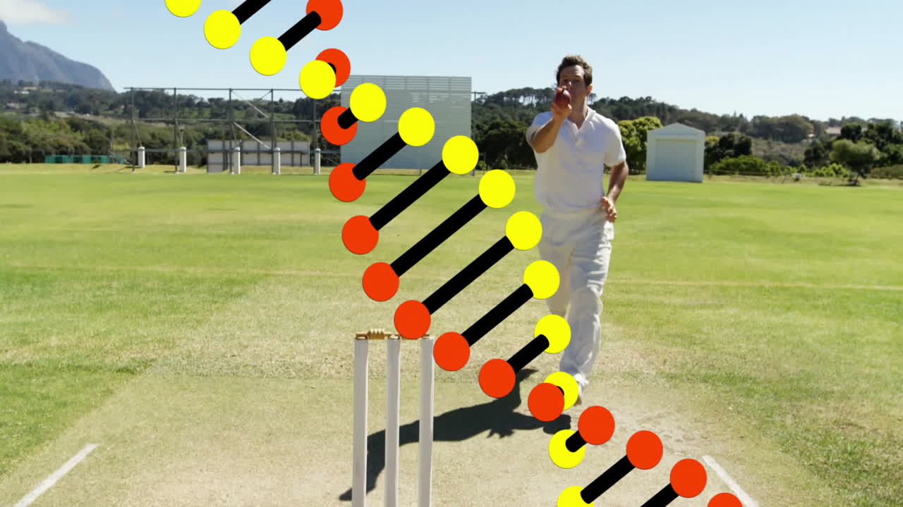 Cricketer running to bowl with colorful trajectory animation over stumps