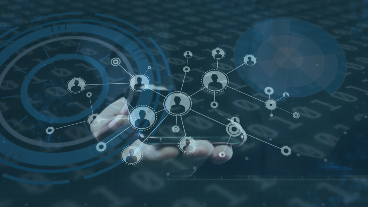 animación de la red de conexiones con personas iconos, escaneos de alcances y codificación binaria