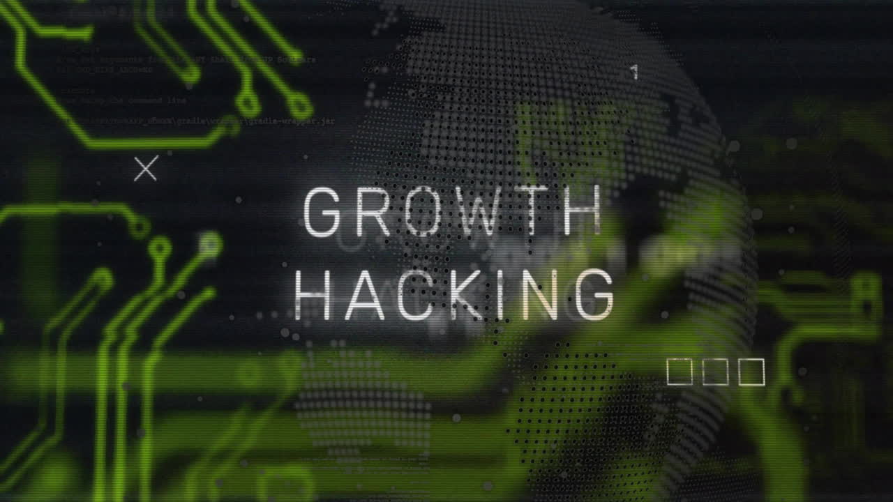 Animation of growth hacking text over motherboard and processing data on black